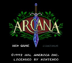 The title screen features the word ARCANA in large white letters centered on a black background, with a blue ornate sword graphic positioned vertically behind the text. Green leafy branches frame both sides of the logo. Below are two menu options: NEW GAME on the left and CONTINUE on the right in gray text. Copyright text reading ©1992 HAL AMERICA INC. and LICENSED BY NINTENDO appears at the bottom in small white font.