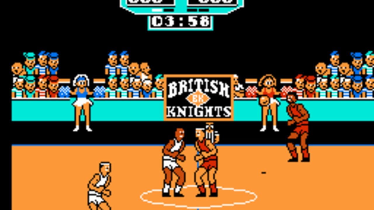 A basketball court with an orange floor displays two teams facing off near center court, marked by a white circle. Players wear brown and white uniforms on one side, red on the other. A cyan banner reading 'BRITISH KNIGHTS' spans the upper portion above bleachers filled with pixelated spectators in blue and orange. A cyan scoreboard at the top shows score values and a timer reading '03:58'. The sprite-based graphics use limited color palettes typical of NES-era sports games, with players rendered in small pixel blocks.