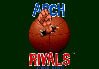 A title screen featuring a large red basketball in the center with two illustrated hands positioned above it in a competitive gesture. The word "ARCH" appears in blue text at the top, while "RIVALS" is displayed in red text below the ball, with a trademark symbol following. The background is solid dark green, and the overall composition uses a bright, flat art style typical of 1980s arcade graphics.