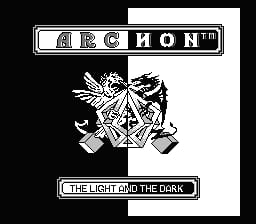 The NES title screen for Archon displays the game logo at the top in a geometric, blocky font. Below it sits a black and white illustration of two armored figures in combat, with swords and shields crossed in the center. A tagline reading "THE LIGHT AND THE DARK" appears in a box at the bottom of the screen. The background is white with black text and graphics rendered in the low-resolution pixel art style typical of NES games.
