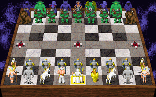 A chess board with fantasy-themed pieces occupies the center, featuring ornate wooden borders and a checkered gray-and-tan playing surface. White pieces fill the bottom rows in stylized medieval armor with gold and light-colored details, while darker pieces with blue and green hues occupy the top rows. Colorful sprite-based character designs represent each piece type. A purple-and-blue mystical backdrop with glowing particle effects frames the entire board, creating an ethereal atmosphere around the scene. The overall aesthetic combines classic chess board layout with pixel-art fantasy character designs from early 1990s DOS-era graphics.
