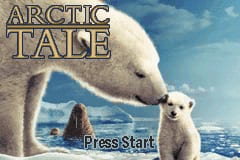 The title screen features two white polar bears against an icy Arctic landscape with blue sky and clouds. A large adult bear's head dominates the upper portion, while a smaller cub appears below and to the right. The word 'ARCTIC TALE' is displayed in tan-colored letters at the top left. A 'Press Start' prompt appears in the lower center of the screen. The background shows a snowy terrain with distant ice formations under a partly cloudy sky.