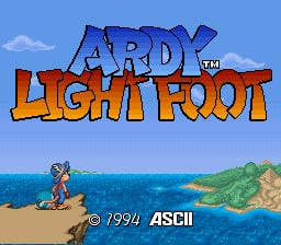The title screen features large blue and orange pixelated text reading 'ARDY LIGHTFOOT' centered at the top. Below is a coastal scene with a small red sprite character standing on sandy ground, a blue ocean occupying the left half, and a green forested hillside on the right. A light blue sky with white clouds fills the background. The ASCII Corporation copyright notice and 1994 date appear in white text at the bottom center.