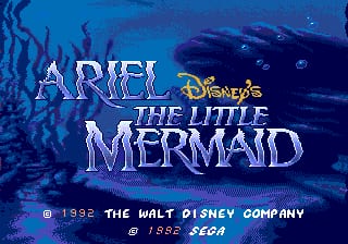 The title screen displays "ARIEL" in large white letters at the top, with "Disney's" in smaller yellow text and "THE LITTLE MERMAID" below in blue-outlined font. A dark underwater scene with silhouetted seaweed forms the background, rendered in shades of blue and black. A ship or vessel is visible in the upper right. At the bottom, copyright text reads "© 1992 THE WALT DISNEY COMPANY" and "Licensed by SEGA" on a darker background. The overall color palette emphasizes deep blues and teals typical of Sega Genesis-era graphics.
