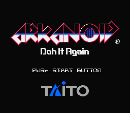 The title screen displays the Arkanoid - Doh It Again logo in large pixelated letters with a red and white gradient fill, centered at the top. Below the logo, white text reads "Doh It Again" followed by a subtitle line stating "PUSH START BUTTON". The Taito publisher logo appears at the bottom in blue and gray lettering. The entire screen uses a black background with no additional visual elements or animations visible.