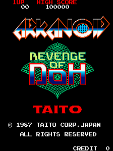 The title screen displays "ARKANOID" in large orange pixelated lettering at the top, with a circular target symbol integrated into the final O. Below it sits "REVENGE OF DOH" in green and blue gradient text with a geometric diamond-shaped frame. A red score display showing "100" and "1000000" appears in the upper left corner. At the bottom, white text reads "© 1987 TAITO CORP. JAPAN ALL RIGHTS RESERVED" followed by "CREDIT" in a smaller font. The background is solid black with arcade-style vector graphics and 8-bit sprite aesthetics typical of 1987 arcade hardware.