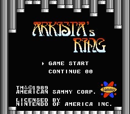 The title screen displays "ARKISTA'S RING" in orange pixelated text centered on a black background. Below are two menu options in white text: "GAME START" and "CONTINUE 00". At the bottom, copyright information reads "(C)1988 AMERICAN SAMMY CORP." with a Sammy Corp. logo, followed by "LICENSED BY AMERICA INC." and "NINTENDO OF AMERICA". The overall presentation uses a simple black background with white and orange text typical of NES-era title screens.