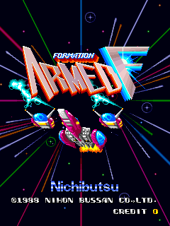 The title screen features large orange block-letter text reading "ARMED F" at center, rendered in a pixelated arcade style with cyan and magenta shading. Below the title sits a colorful sprite of a fighter jet in yellow, red, and blue. Radiating geometric lines in green, cyan, and magenta extend outward from the central elements against a black background with scattered small dots. At the bottom, white text reads "Nichibutsu" with copyright symbol and "©1988 NIHON BUSSAN CO.,LTD." followed by "CREDIT 0" in the lower right corner. The overall aesthetic employs neon-bright colors typical of late-1980s arcade graphics.