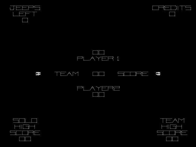 A black background screen displays game interface text in thin outlined vector lettering. At the top left, "JEEPS LEFT" appears with a small square indicator below. Top right shows "CREDITS" with a similar square. Center screen displays "PLAYER 1" with two small squares, followed by "TEAM", two squares, and "SCORE" with bracketed symbols on either side. Below that, "PLAYER 2" is shown with two small squares. The lower third contains three text sections: "SOLO HIGH SCORE" on the left, "TEAM" in the center, and "TEAM HIGH SCORE" on the right, each with small square indicators beneath. The overall layout uses a symmetrical, minimalist arcade-style design typical of early 1980s arcade cabinets.