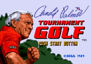 A title screen displays a portrait of an older man in a red shirt on the left side, with white hair and a serious expression. The text "Arnold Palmer" appears above in blue script, followed by "TOURNAMENT GOLF" in large red capital letters. A "PUSH START BUTTON" prompt is positioned below the title in yellow pixelated font. The background shows a blurred green golf course landscape. The SEGA logo and copyright year 1989 appear in the bottom right corner. The overall aesthetic uses early 16-bit sprite graphics with a light blue sky background.