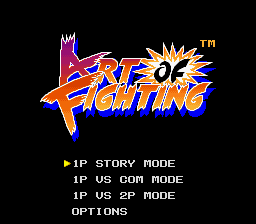 The Art of Fighting title logo dominates the center in large orange and blue lettering with a yellow star burst effect. Below the logo, a green menu displays four options in pixel text: IP STORY MODE, IP US COR MODE, IP US 2P MODE, and OPTIONS. The background is solid black, and the overall design uses bright primary colors typical of early 1990s sprite-based fighting game aesthetics.