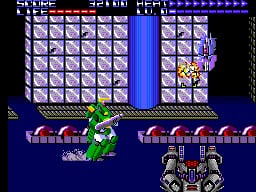 A green-clad character stands on a tiled platform in the lower-left foreground, facing right toward an enemy robot with a spherical body and extending arms positioned in the lower-right. Above them stretches a two-tier playing field with grid-patterned walls in light purple and blue sections. A vertical blue divider separates the left and right halves of the upper area. The top of the screen displays a status bar with health/energy indicators, numerical values, and UI elements. A brown checkered pattern borders the middle of the screen horizontally.
