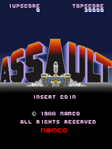 The title screen displays the word 'ASSAULT' in large orange and red pixelated letters at center, with a small yellow spaceship sprite positioned above the text. Two score readouts appear at the top: '1UP SCORE' showing 0 on the left and 'TOP SCORE' showing 30000 on the right, both in white pixels against the dark blue background. Below the title, the text 'INSERT COIN' appears in white, followed by a copyright notice reading '© 1988 NAMCO ALL RIGHTS RESERVED' and the red Namco logo at the bottom. The background is solid dark blue with no visible gameplay elements.