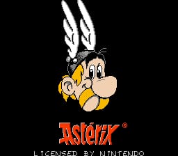 The NES title screen for Asterix features a large cartoon character head in the upper center, displaying a smiling face with a prominent mustache and feathered helmet rendered in orange and tan pixels against a black background. Below the character, the word "ASTERIX" appears in red text with a registered trademark symbol. Underneath the title, white text reads "LICENSED BY NINTENDO" in all capitals, indicating official licensing. The overall composition uses a limited color palette typical of NES-era graphics.
