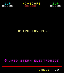 The title screen displays "ASTRO INVADER" in yellow uppercase text centered on a black background. The top of the screen shows score information in cyan and red text: "LIFE 00000" on the left, "HI-SCORE" and "00000" in the center, and "00" on the right. At the bottom, a magenta copyright notice reads "© 1980 STERN ELECTRONICS" with "CREDIT 00" in yellow text in the lower-right corner. The overall layout uses a simple arcade aesthetic with minimal graphics and a dark background.