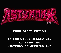 The title screen displays a large red pixelated logo for Astyanax at the top, styled with a jagged metallic appearance against a black background. Below the logo sits white text reading "PUSH START BUTTON" in a blocky arcade font. At the bottom, copyright and licensing information appears in white text: "TM AND © 1998 JALECO LTD. LICENSED BY NINTENDO OF AMERICA INC." The overall visual style is typical of early NES releases, with high-contrast colors and simple typography centered on the screen.