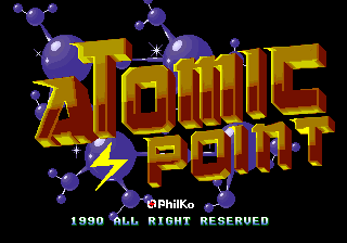 The title screen displays "Atomic Point" in large, bold yellow and red letters with a 3D perspective effect. Purple lightning bolts and spark effects surround the logo. Below the title, "©PhilKo" appears in white text, followed by "1990 ALL RIGHT RESERVED" in gray. The background is entirely black, emphasizing the glowing text and electric imagery typical of early 1990s arcade game aesthetics.