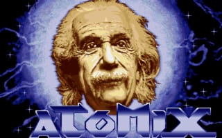 The title screen features a large portrait of an elderly man with white hair and wrinkled features against a blue background with purple lightning bolts radiating outward. Below the portrait, the word "ATOMIX" appears in metallic blue letters with a thick outline. The image uses a low-resolution color palette typical of early 1990s DOS graphics, with the portrait rendered in sepia and tan tones against the vibrant electric blue backdrop.