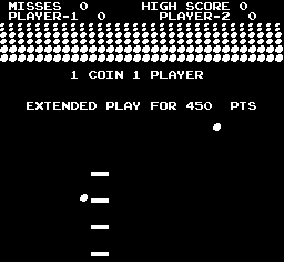 The title screen displays a checkered border pattern across the top in white against a black background. Below are text lines reading "MISSES" and "HIGH SCORE" with player indicators, followed by "1 COIN 1 PLAYER" and "EXTENDED PLAY FOR 450 PTS". The lower half shows a simple game scene with white rectangular bars stacked vertically on the left side and a small white dot positioned in the center-right area, representing the basic graphical elements of the arcade game.