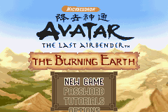 The title screen displays the Avatar: The Last Airbender - The Burning Earth logo prominently at the top in stylized text, positioned over a landscape background depicting sandy hills and mountains in brown and tan tones. Below the title, three menu options appear in a tan/beige rectangular box: 'New Game', 'Load Game', and 'Tutorials', rendered in a serif font. The background uses a painted art style with a light blue sky and earthy desert terrain, characteristic of Game Boy Advance sprite-based graphics.