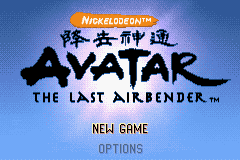 The title screen displays the Nickelodeon logo at the top in orange, followed by stylized Asian characters and the black "AVATAR THE LAST AIRBENDER" logo in a graffiti-like font against a light blue gradient background. Below the title, two menu options appear in blue text: "NEW GAME" and "OPTIONS". The overall art style reflects the GBA's 16-bit sprite-based capabilities with a simple, clean interface typical of early-2000s handheld game menus.