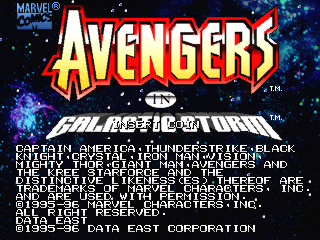The title screen displays "AVENGERS" in large yellow and red letters with an explosion effect, positioned above "GALACTIC STORM" in white metallic text. Below the logos sits a block of white text on a black background listing character names including Captain America, Thunderstrike, Black Widow, and others, along with copyright information for Data East Corporation dated 1995. The background shows a blue-tinted space scene with scattered bright pixels resembling stars or cosmic energy. The overall aesthetic uses a 16-bit sprite-based visual style typical of mid-1990s arcade games.