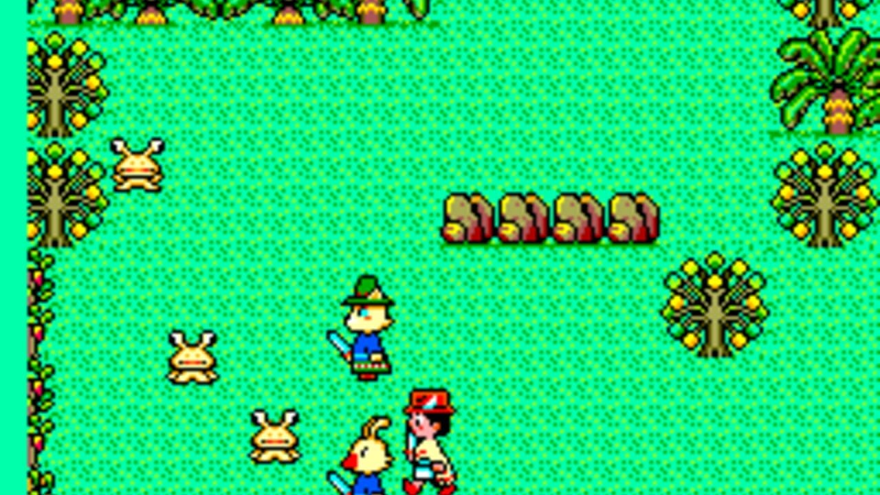 A bright cyan background displays a tropical scene with fruit trees bearing yellow fruits arranged along the left and right edges. In the center, a character wearing a green hat and blue outfit stands on the ground. Below are two other characters—one in red and one in light colors—alongside a small animal sprite. Four stacked brown objects with red and yellow details appear in the upper-center area. Yellow bee-like sprites float throughout the scene. The pixel art uses bold outlines and a limited color palette typical of 8-bit graphics.