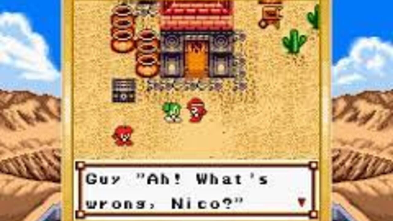 A desert village scene with a tan-colored sand background and brown rocky hills flanking the sides. In the center stands a purple and red temple-style building with an orange doorway. Three red spiral shapes appear on the left wall, a green cactus on the right, and scattered NPCs including a character in red and one in green on the sandy ground. A dialog box at the bottom displays text reading 'Guy "Ah! What's wrong, Nico?"' in a black-outlined white text panel. The art uses 8-bit pixel sprites typical of Game Boy hardware.