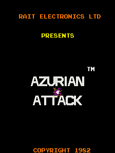The title screen displays "AZURIAN ATTACK" in large white pixelated text centered on a black background, with a small red alien sprite positioned above the title. Orange text reading "RAIT ELECTRONICS LTD" appears at the top, "PRESENTS" in yellow below it, and "COPYRIGHT 1982" in orange at the bottom. The "TM" trademark symbol is visible in the upper right corner.