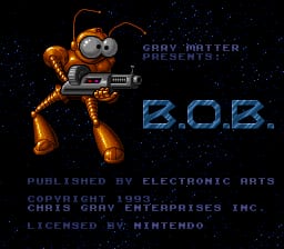 The title screen displays a large orange and gray robot character positioned on the left side against a starfield background. The word "B.O.B." appears in blue pixelated lettering in the center-right portion of the screen. Below the title, gray text reads "PUBLISHED BY ELECTRONIC ARTS" followed by copyright information for 1993 Chris Gray Enterprises Inc., with "LICENSED BY NINTENDO" at the bottom. The overall visual style uses low-resolution 16-bit sprites and a dark color palette typical of early 1990s SNES games.