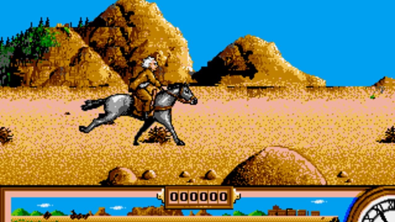 A figure on horseback gallops across a sandy desert landscape dotted with rocks and sparse vegetation. Large golden rock formations and buttes rise in the background against a clear blue sky. The scene uses 16-bit pixel art with a tan and brown color palette. At the bottom of the screen, a HUD displays a six-digit score counter showing 000000 in the center, with a blue landscape band and partial gauge visible on the right edge.