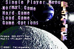 The title screen displays a menu with white text on a black starfield background featuring a large blue planet in the upper left and a gray lunar surface in the lower left. The "BACK TRACK" logo appears in large magenta pixels on the right side. A vertical menu lists options including "Single Player Menu," "Normal Game," "Hard Game," "Load Game," and "Options," with "Press SELECT for sound" instruction at the bottom. The 2001 Teragames copyright notice appears in small text at the lower right corner.