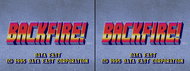 The title screen displays the BACKFIRE! logo in red 3D lettering with yellow and pink gradient shading, centered in the upper portion against a blue textured background. Below the title, yellow text reads DATA EAST and © 1995 DATA EAST CORPORATION in smaller font. The image shows two identical side-by-side versions of this layout, each occupying roughly half the screen width.