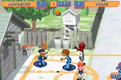 A backyard basketball court viewed from above in isometric perspective. Two child characters in blue and red stand on a small court with a hoop visible at the top. A score panel spans the top of the screen displaying player names, points (0 vs 0), and time (2454). Trees and wooden fencing form the court boundary in the background. The sprite-based graphics use bright primary colors typical of early 2000s GBA releases.