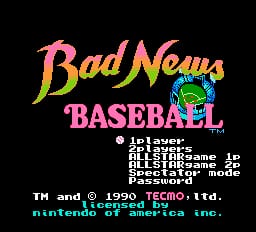 The title screen displays "Bad News Baseball" in large pink and yellow gradient text at the top, with a small cartoon character sprite to the right. Below are white text menu options for "1 Player," "2 Players," "Game in progress," and "Spectator mode" followed by "Record." At the bottom, copyright information reads "TM and © 1990 TECMO Ltd." and "Licensed by Nintendo of America Inc." The background is solid black, with 8-bit pixel art styling typical of NES graphics.