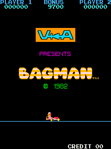 The Bagman arcade title screen displays a black background with the Valadon Automation logo in yellow and blue at the top. Below it, "PRESENTS" appears in magenta text, followed by the large yellow "BAGMAN" title with a green copyright notice reading "© 1982." A small pixel-art character sprite sits in the center-lower portion of the screen. Score information for Player 1, Bonus, and Player 2 appears in cyan text across the top. A "CREDIT 00" indicator is positioned in the bottom-right corner.