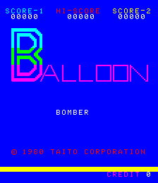 The title screen displays 'BALLOON' in large magenta and cyan gradient letters against a solid blue background. Above the title, score displays show '0000' repeated across the top. Below the title appears 'BOMBER' in white text, followed by a copyright line reading '© 1980 TAITO CORPORATION' in red and yellow text at the bottom. The screen uses bright primary colors typical of early 1980s arcade games, with a simple, centered layout on a plain blue background.