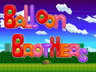 The title screen displays large red and orange pixelated letters spelling "Balloon" and "Brothers" against a blue sky with white clouds and green grass landscape below. The text uses thick, blocky serif lettering in a red outline style typical of early 1990s arcade graphics. Green building silhouettes are visible along the grassy horizon, and the overall color palette emphasizes bright primary colors against the purple-blue gradient sky background.
