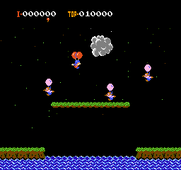 A blue character with balloons floats in the center of a black starfield, surrounded by four pink enemies with balloons at various heights. Green platforms form a horizontal line across the middle, with water ripples in blue at the bottom and green grass terrain at the lower edges. The score display shows 1000000 in orange text at top left and 010000 at top right. White pixel stars scatter across the black background. All characters and elements are rendered in small, blocky NES-era sprites.