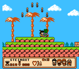 A character in green clothing stands atop a tiered platform made of brown and green blocks against a bright blue sky with white clouds. Two orange palm trees flank the scene, with red numbers 1 positioned above them. Below the main play area, a status bar displays the game title "STEELHART" alongside icons showing the player character, what appears to be an item counter, and a banana graphic. The art style uses NES-era 8-bit sprites and a limited color palette typical of early 1990s console games.
