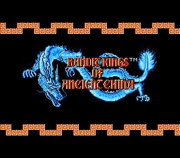 The title screen displays "Bandit Kings of Ancient China" in red text with blue glowing effects on either side, resembling stylized mythical creatures or flames. An orange pixelated decorative border runs horizontally across the top and bottom of the screen against a black background. The logo uses a typical NES-era pixel font and color scheme with blue accents framing the title text in the center.
