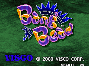 The title logo 'Bang Beed' appears prominently in the center, rendered in large purple and yellow letters with a crown shape above and blue spiky effects surrounding it. A green textured background fills the frame behind the logo. At the bottom, blue text reads 'VISCO © 2000 VISCO CORP.' with 'CREDIT' displayed below in smaller text.