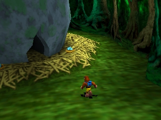 Banjo, a brown bear character, stands on a green grassy floor in a wooded cavern environment. Tall tree trunks with dark bark frame both sides of the scene, and rock formations are visible in the background. The ground features yellow straw-like textures scattered across the grass. A dark shadowy shape appears to the left side. The 3D graphics use warm lighting that highlights the vegetation and creates depth through layered environmental elements typical of Nintendo 64-era polygon rendering.