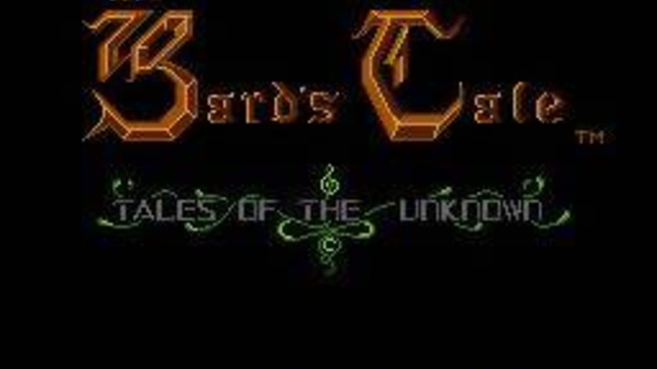 The title screen displays 'Bard's Tale' and 'Tales of the Unknown' in gold and orange lettering against a black background. A green decorative ornamental symbol appears centered below the title text. The trademark symbol is visible in the upper right corner. The overall aesthetic uses a dark background with glowing, pixelated text characteristic of NES-era graphics.