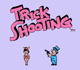 The title screen features "Trick Shooting" in large pink outlined letters at the top center against a light purple background. Below the title, two 8-bit sprite characters stand on a black ground line: on the left is a small brown dog in a standing pose, and on the right is a figure in blue clothing holding a rifle pointed upward. The Nintendo TM symbol appears in the upper right corner of the title text.