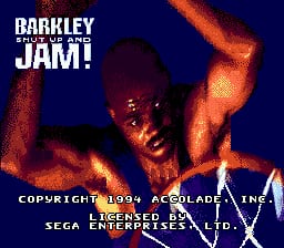 The title screen displays a silhouetted basketball player with arms raised against a dark blue background with orange flame effects. White text reading 'BARKLEY SHUT UP AND JAM!' appears in the upper left corner. Copyright information for Accolade Inc. from 1994 and licensing details for Sega Genesis are shown at the bottom in small yellow text. The overall color palette uses deep blues, oranges, and dark tones typical of early 1990s Sega Genesis graphics.