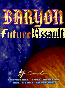 The title screen features large golden Gothic lettering spelling 'BARYON' at the top, with 'Future Assault' displayed below in yellow and white text. The background is a deep blue starfield with scattered white dots suggesting a space setting, transitioning to a reddish-brown gradient in the lower portion. A small SemiCom logo and copyright text appear at the bottom in white pixels, with additional developer credits in red text below.