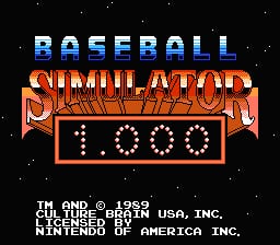 The title screen displays "BASEBALL" in blue pixelated letters at the top, followed by "SIMULATOR" in large red/orange metallic text with an ornate banner design. Below that, ".1000" appears in a dotted LED-style font within a red rectangular border. At the bottom, white text reads "TM AND © 1989 CULTURE BRAIN USA, INC." and "LICENSED BY MAJOR LEAGUE BASEBALL, INC." The background is black with small white dots scattered across it, creating a starfield effect. The overall aesthetic is typical of NES-era graphics with limited color palette and pixel-based typography.