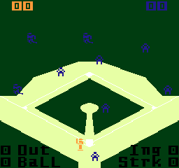 An isometric baseball field view displays a cream-colored diamond shape on a dark green background. Two player sprites occupy the field—one in the upper-left area and another in the lower-center zone near a tall pitcher's mound. Small blue diamond markers indicate base positions around the field perimeter. The top of the screen shows orange and blue score displays in the corners, while the bottom displays pixelated text and numbers in black boxes against the green background, likely showing game information or statistics.