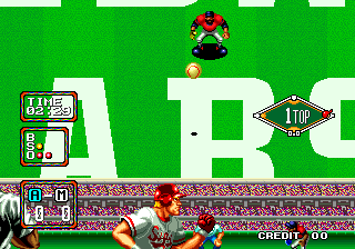 A baseball game interface shows a red-uniformed batter at plate with a pitched ball visible above. The upper left displays a small stadium icon and game information windows. A crowded stadium backdrop with colorful pixel-art spectators fills the lower half of the screen. White geometric shapes form the field layout against bright green grass. A credits or game mode indicator appears on the right side. The overall art style uses 16-bit sprite graphics with bold colors typical of early 1990s arcade hardware.